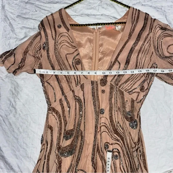 Free People Romper Plunge Beaded Pink Sparkle Women’s 6 Short Mini Dress Unique - Picture 3 of 16